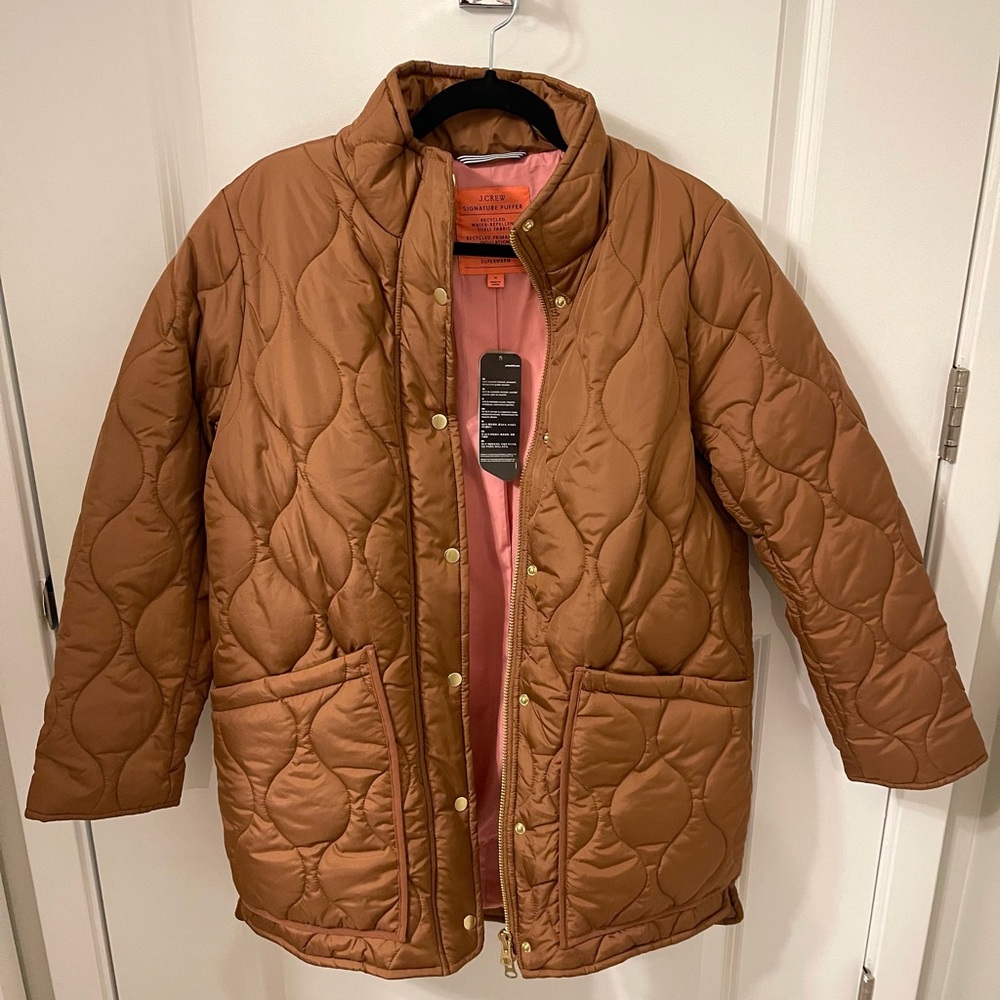 J. Crew Quilted Cocoon Puffer Coat With Primaloft, Nutmeg, Size Medium , New.